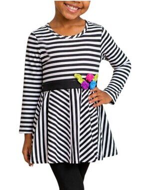 Kids Headquarters Girls Size 5 Top Striped Long Sleeve Black White Floral Accent